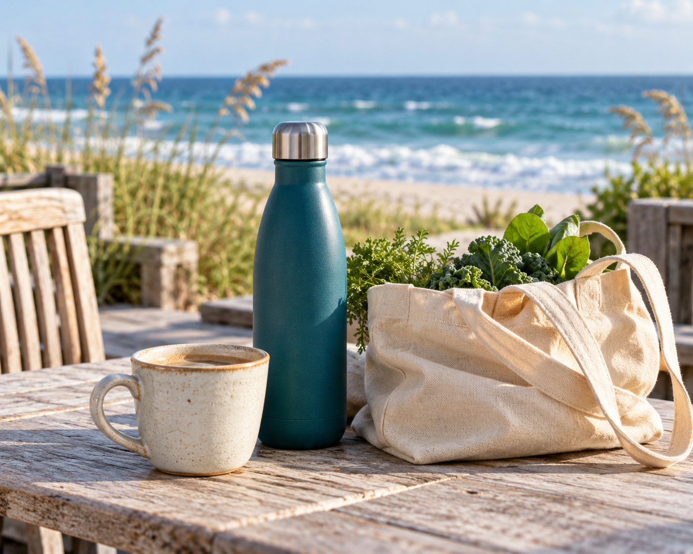 Reusable water bottle, ceramic cup, and cotton shopping bag on a table overlooking the coast.
